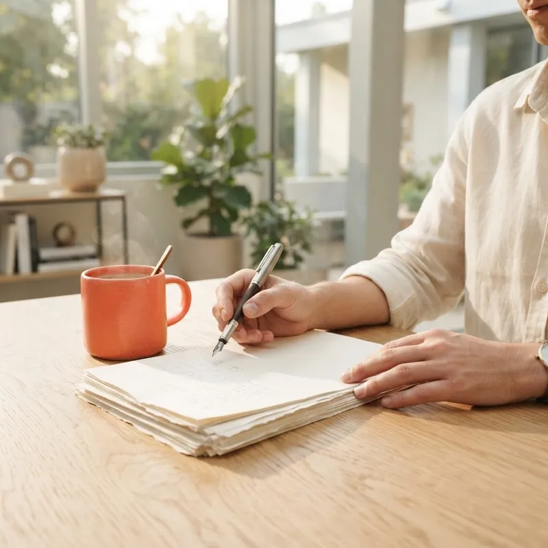 Hands resting on papers with a coral orange mug