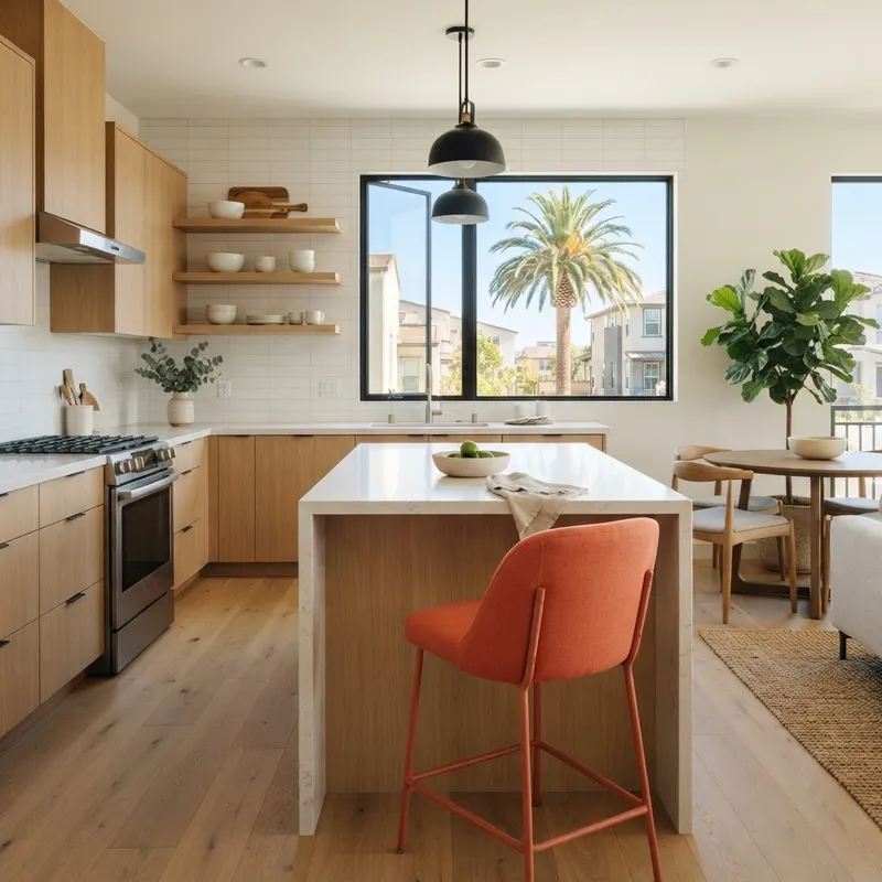Modern open concept kitchen with coral accent stool