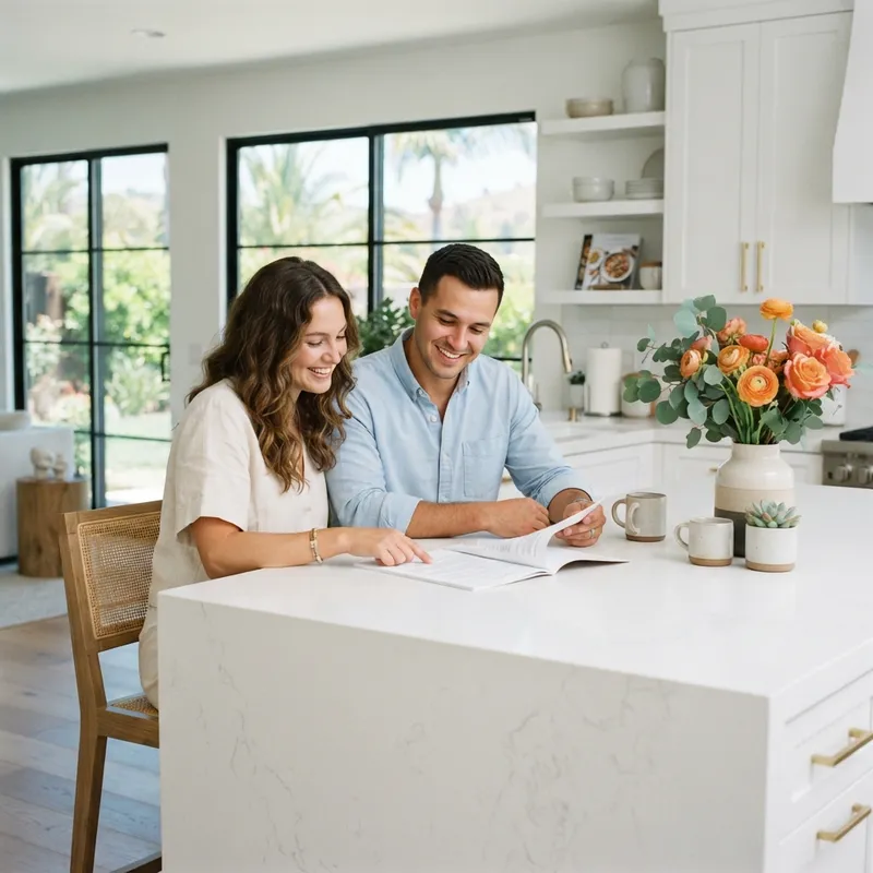 A couple reviewing documents in a modern kitchen