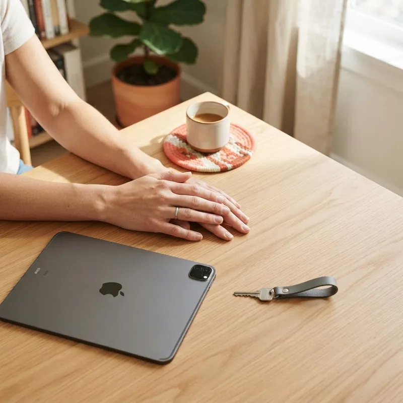 A house key and personal device on a wooden surface