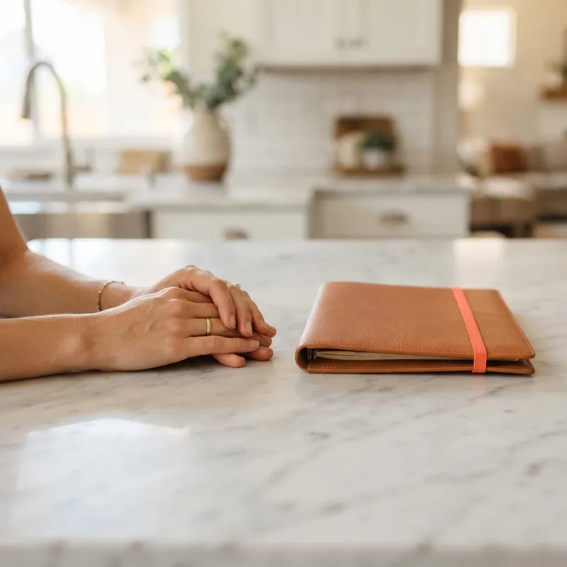 Hands resting on a counter with a closed document folder