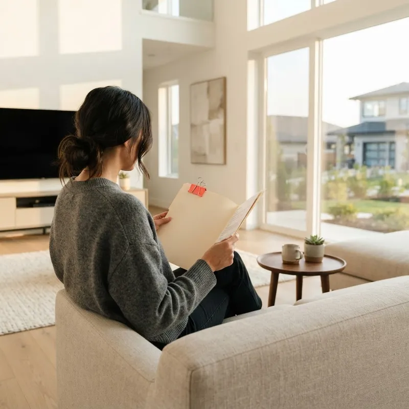 Person reviewing folder of documents in bright living room