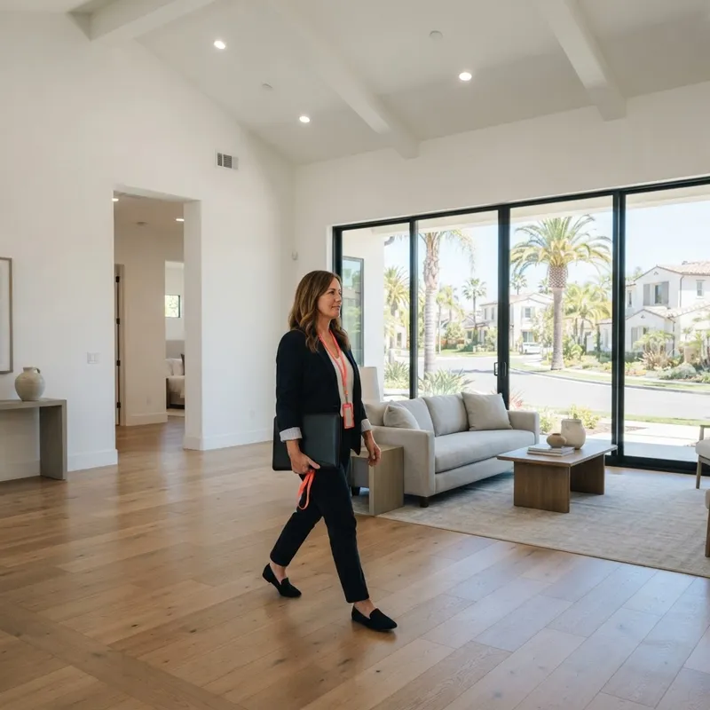 Person walking through a model home with a portfolio