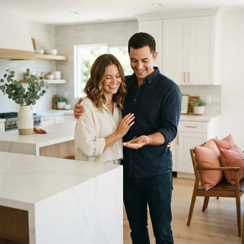 Couple smiling at home keys in a new kitchen