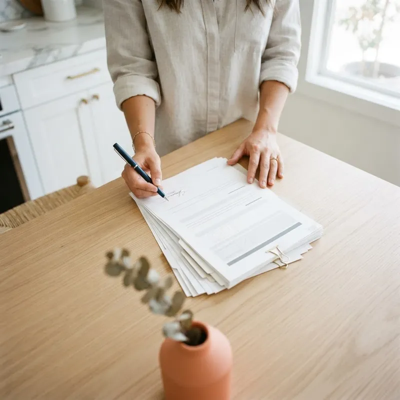 Person reviewing home purchase documents at a kitchen island