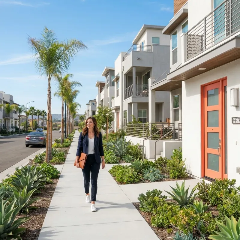 A person walking down a sunlit street in a new construction community