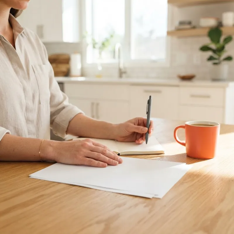 Hands resting near documents at a bright modern kitchen island