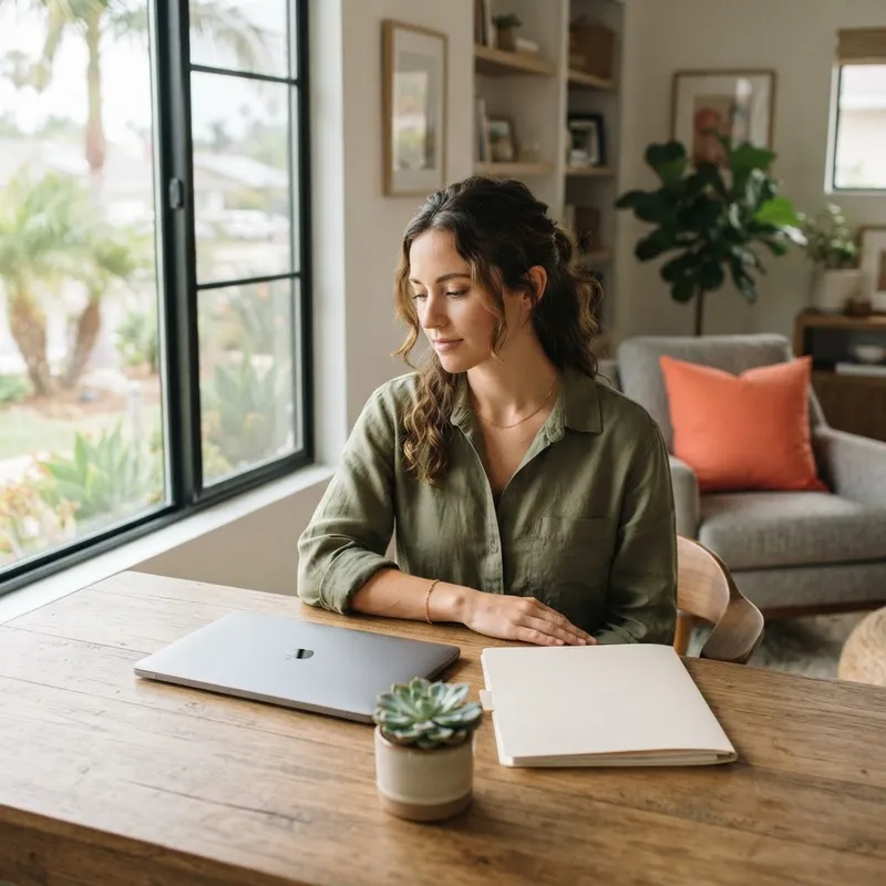 Person sitting at a desk with a laptop and documents in a bright room