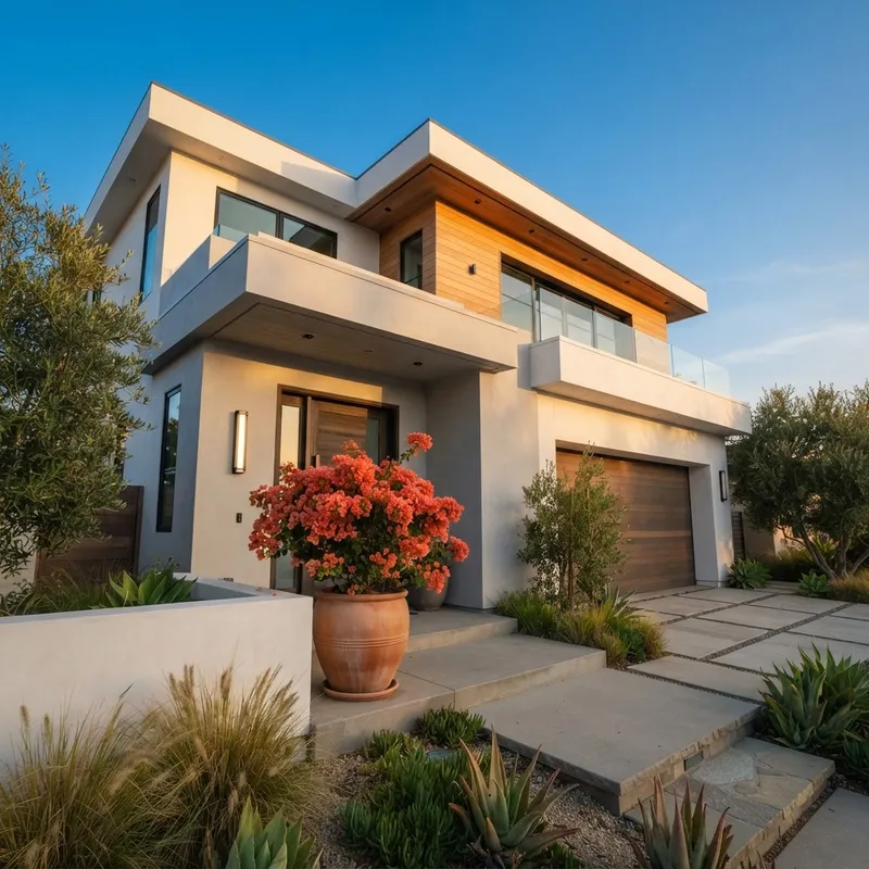 Exterior view of a modern SoCal home at golden hour