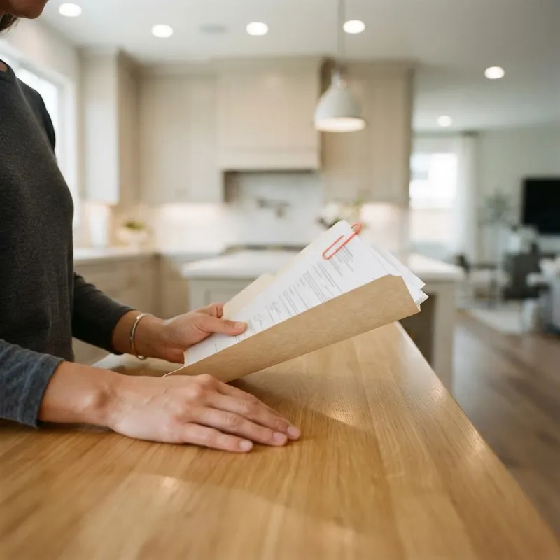 Hands holding a document folder on a kitchen island