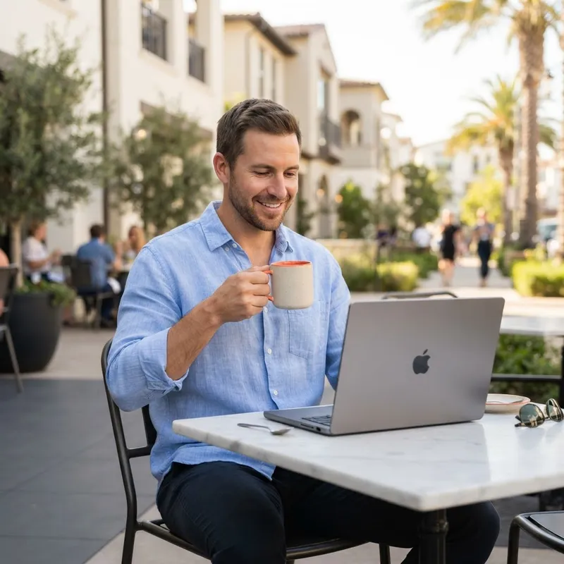 Man working on a laptop in a bright outdoor setting