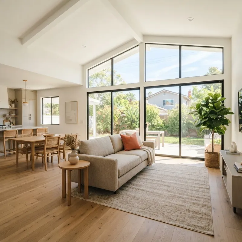 A bright and minimalist open-concept living room in a model home