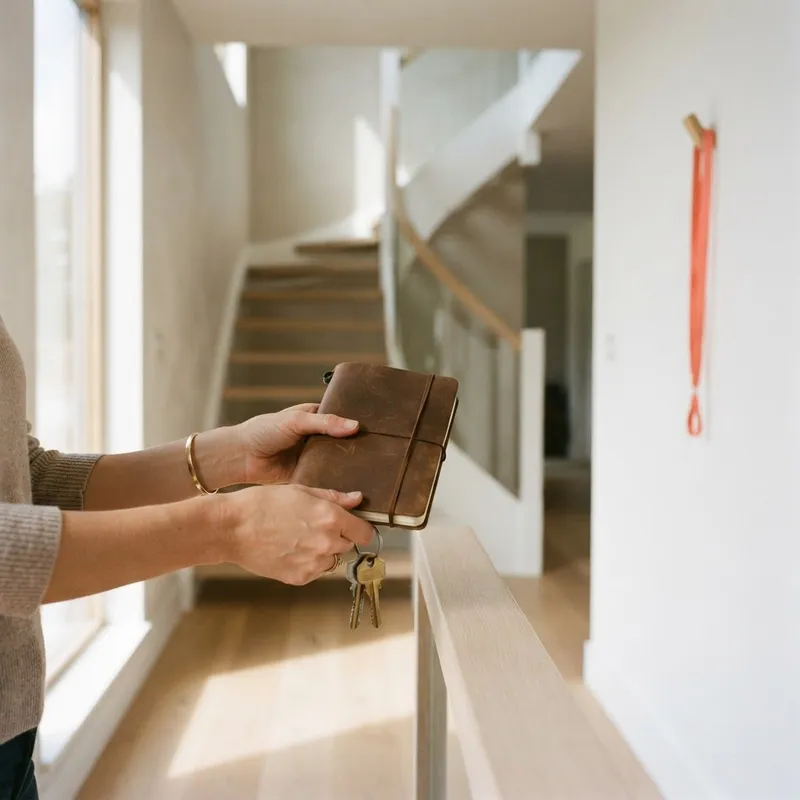 Close up of hands holding keys in a modern new home entry