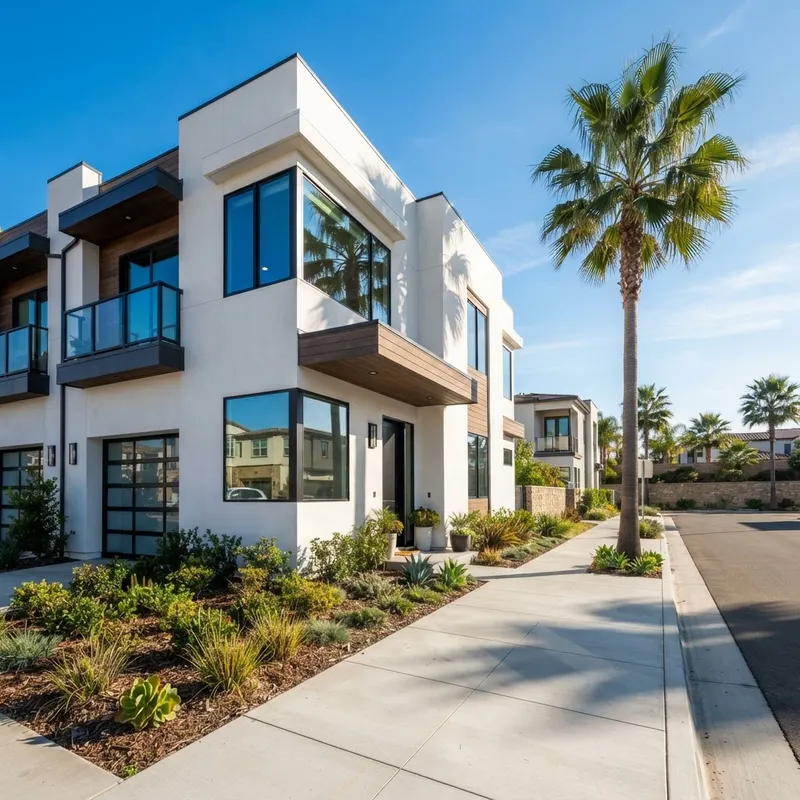 Modern sun-drenched townhome exterior in a suburban community