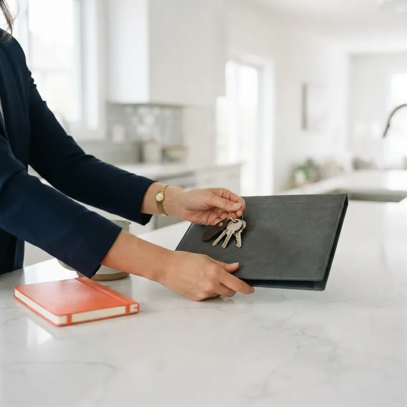 Hands holding keys and folder on modern kitchen counter
