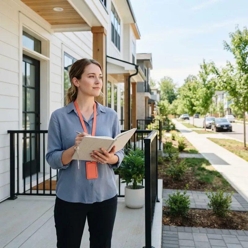 Homebuyer standing on porch evaluating neighborhood