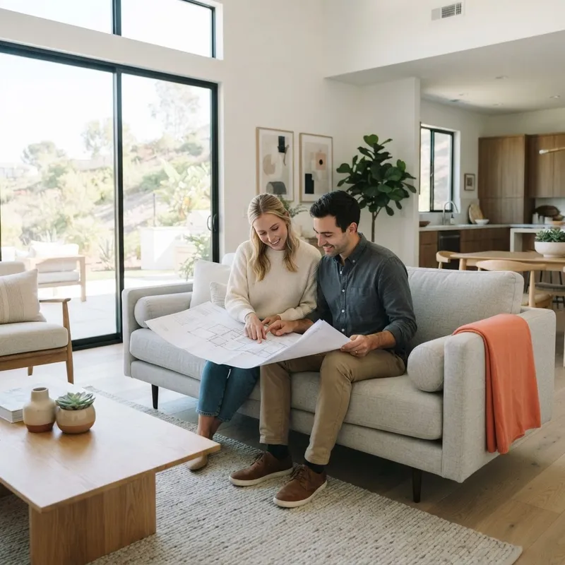 A couple reviewing home blueprints together in a bright new living room