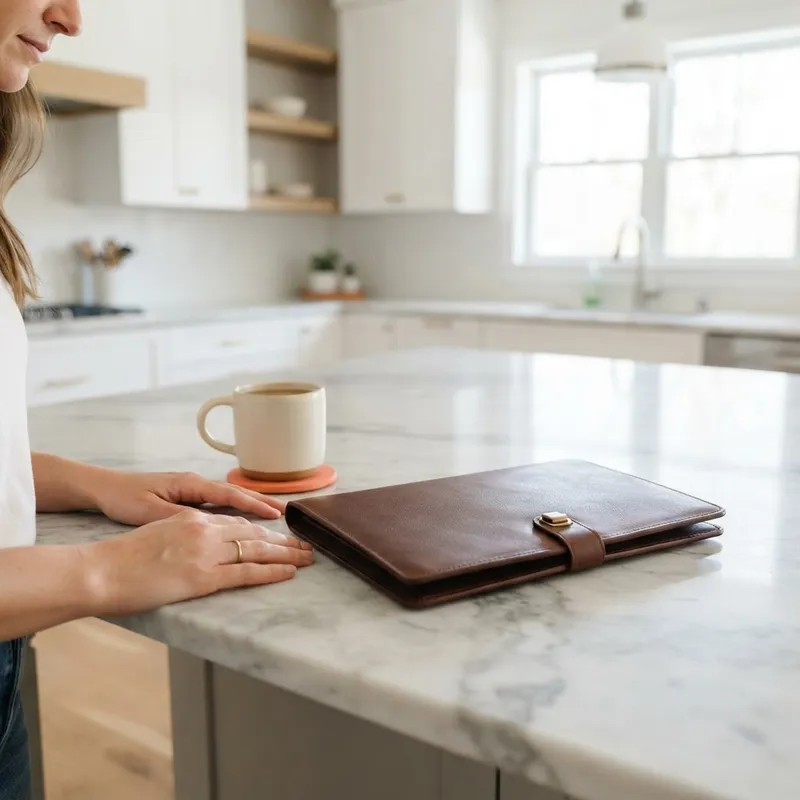 A leather folder resting on a kitchen island representing escrow closing