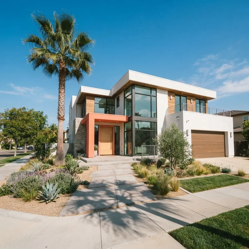 Exterior view of a modern new construction home in Southern California