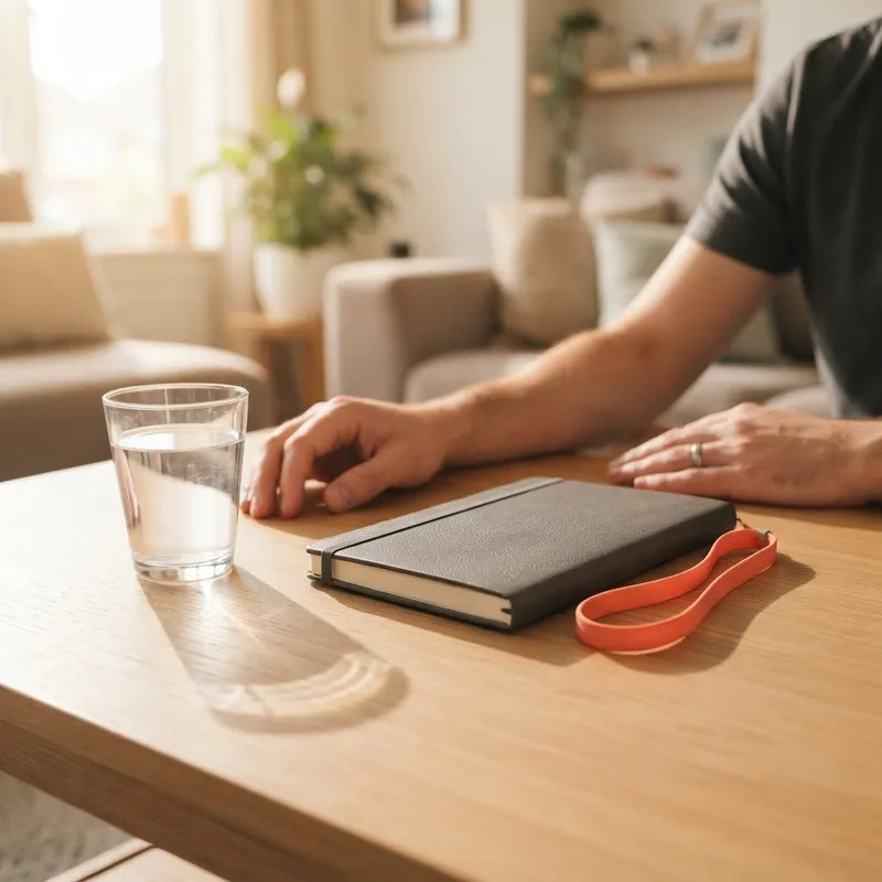 A close up view of a notebook and glass on a wooden table