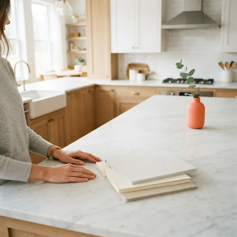 A detail shot of a kitchen island with property folders