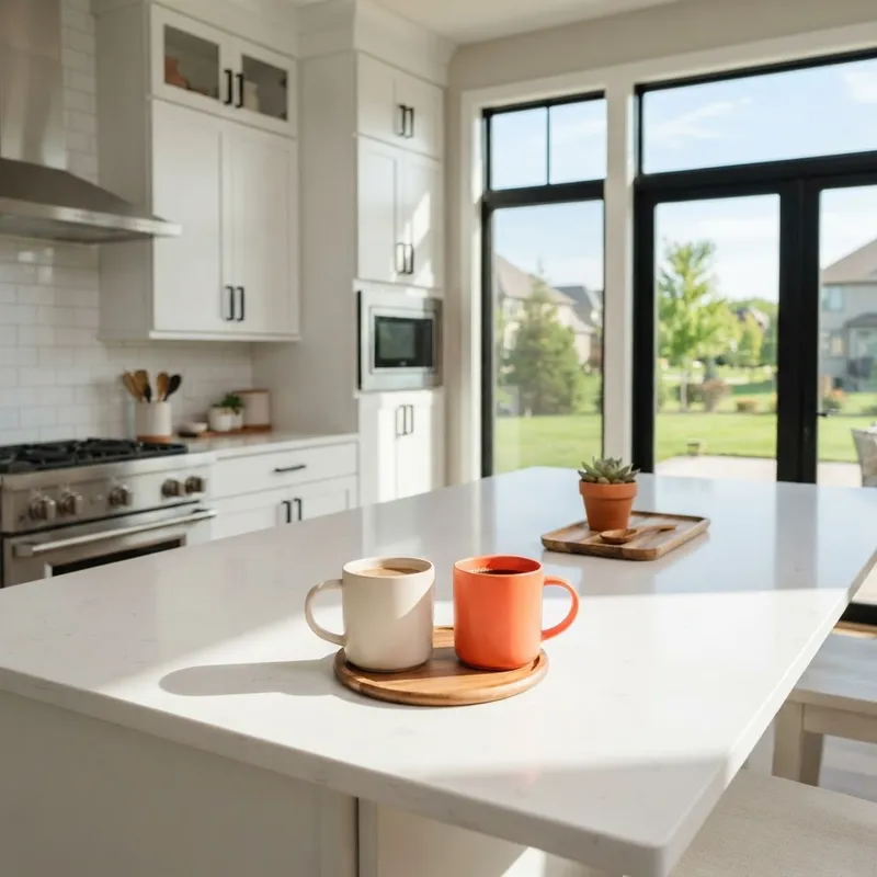 A bright kitchen island with two mugs during a morning meeting