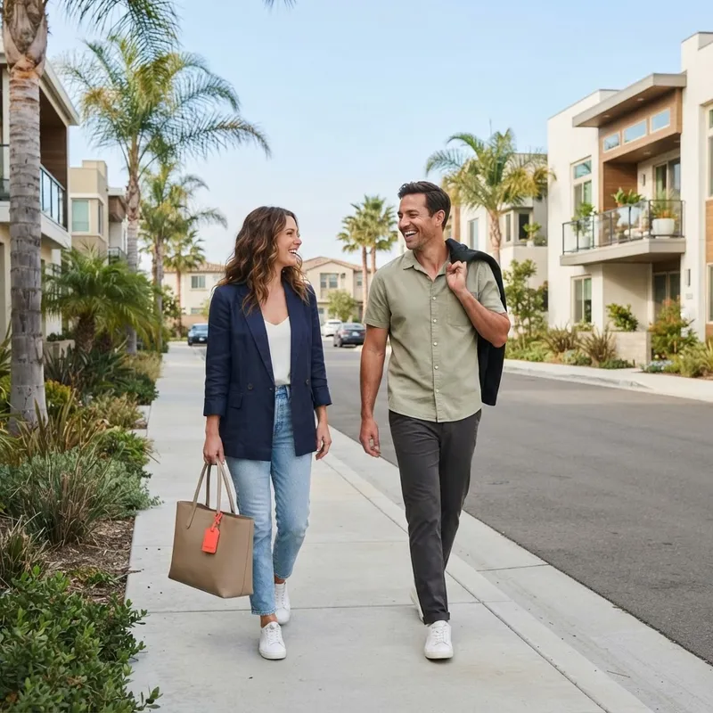 A couple walking and talking in a suburban neighborhood