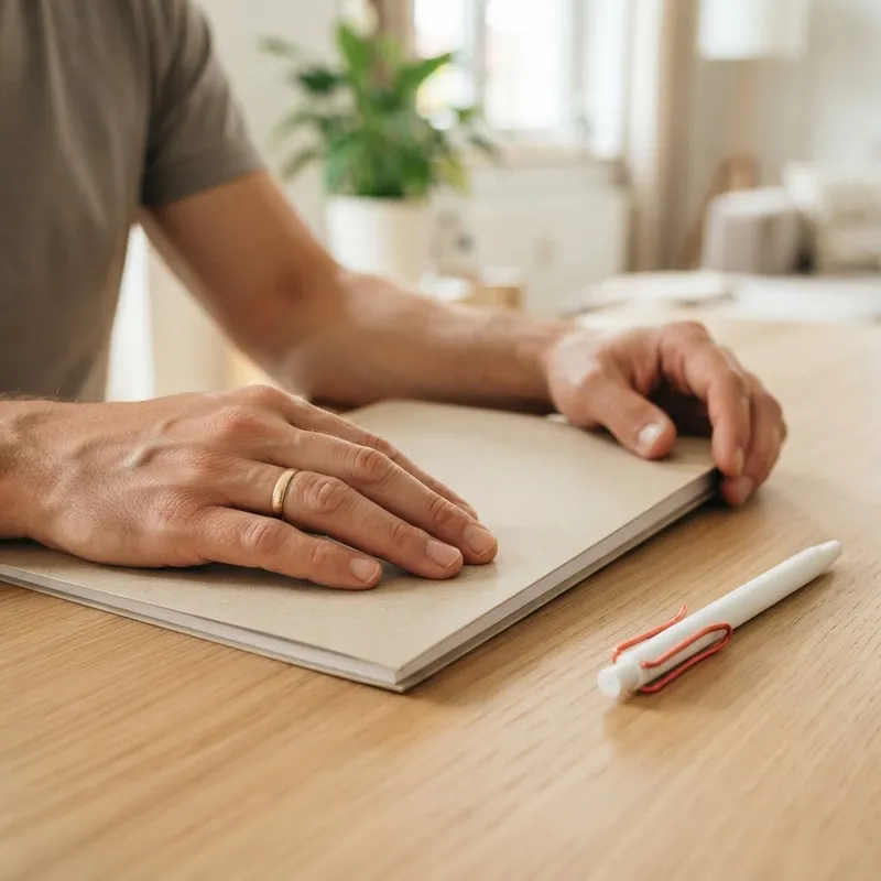Hands resting on a document folder with a coral pen