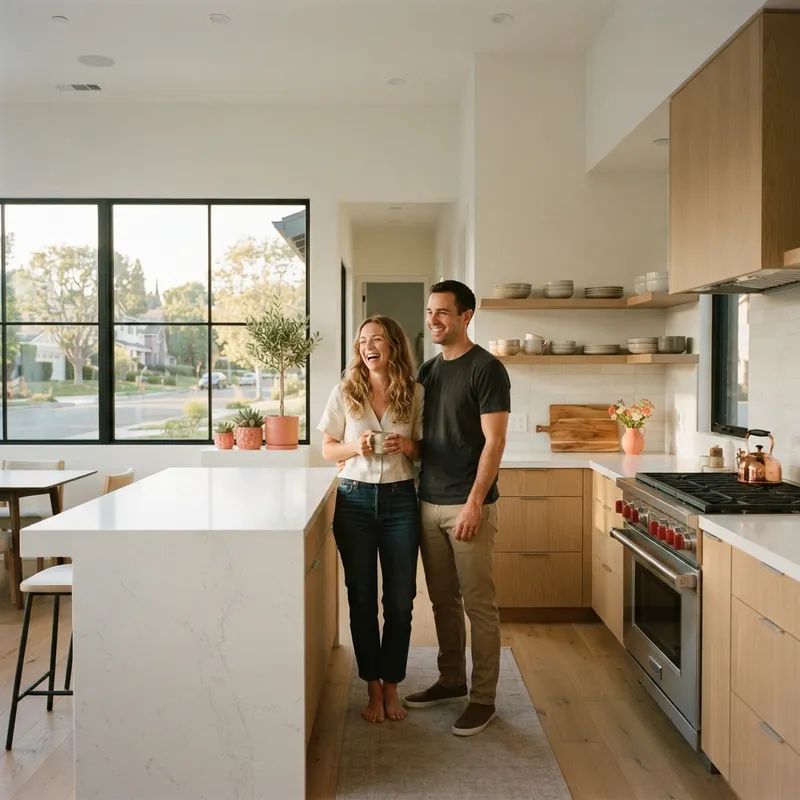 A couple looking out a window in a new modern kitchen