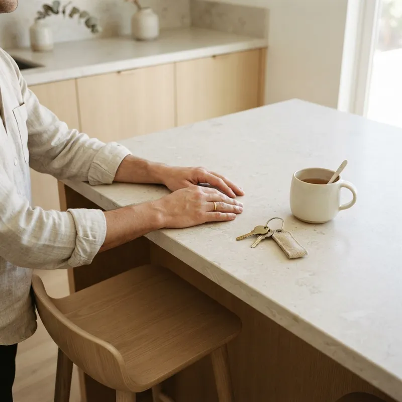 House keys on a modern stone kitchen countertop