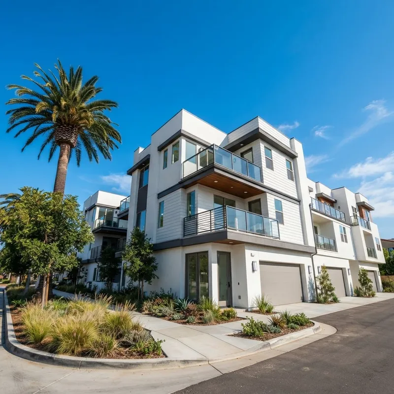 Modern stucco townhomes under a bright blue California sky