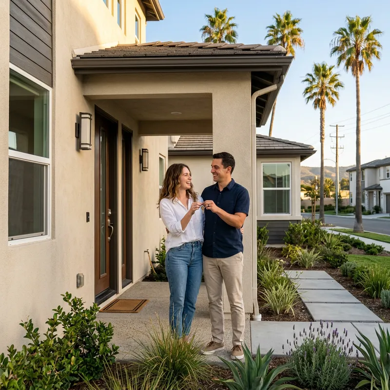 Couple holding key on doorstep of newly built suburban home