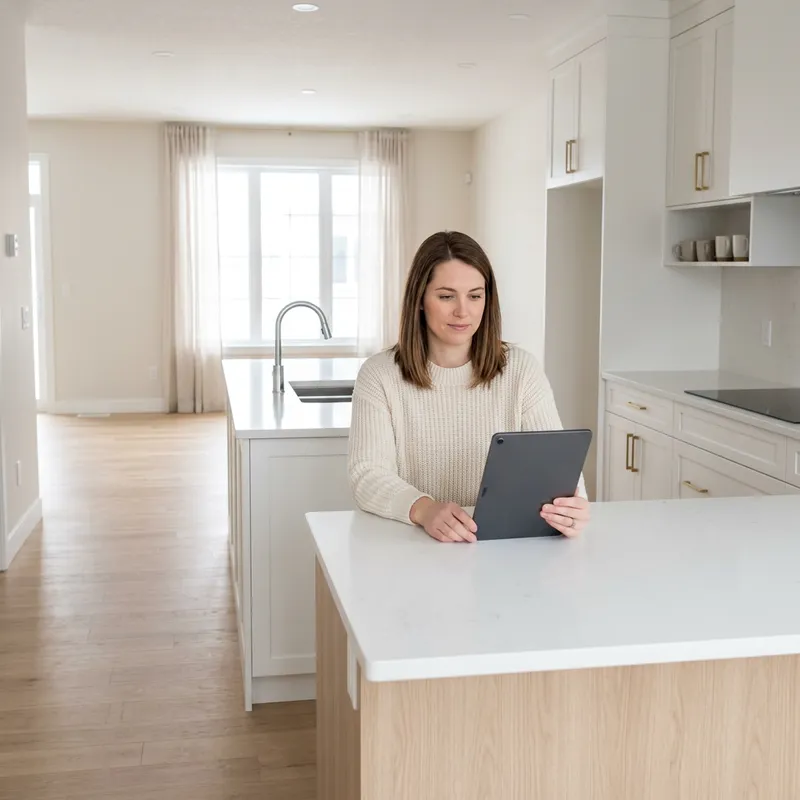 Woman reviewing new construction listings on tablet in modern kitchen