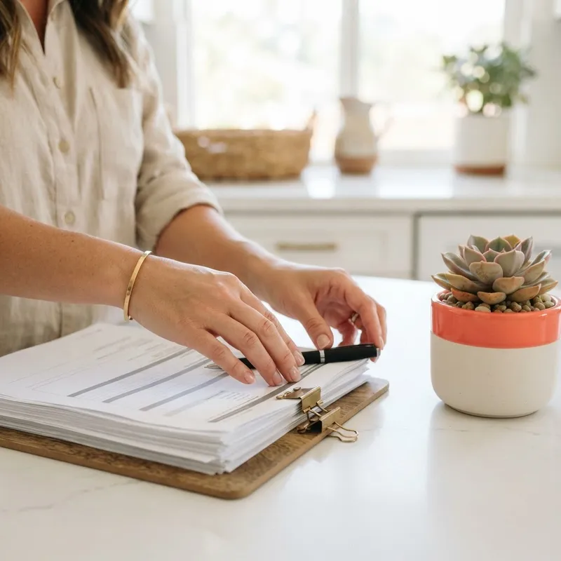 Hands and documents on a white modern countertop