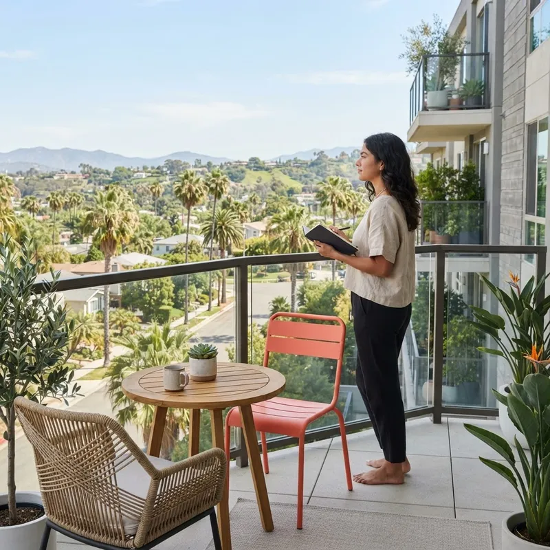 Person on a sunlit balcony looking at the view