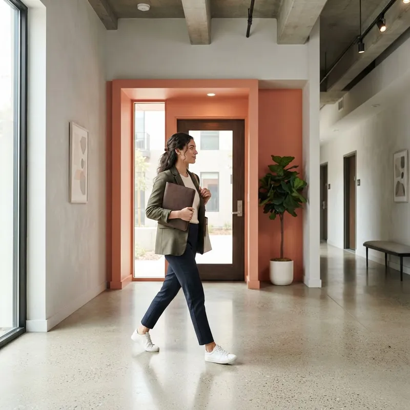Person walking through a modern apartment building entryway