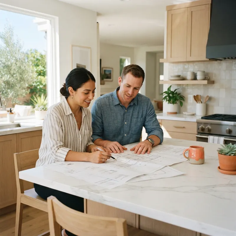 Couple reviewing home documents at a kitchen island