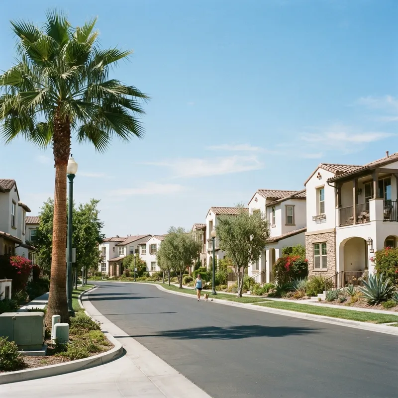 Modern sun-drenched suburban residential street in Southern California