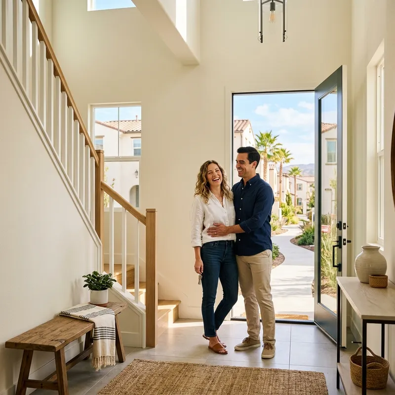 Couple standing confidently in newly built home entryway