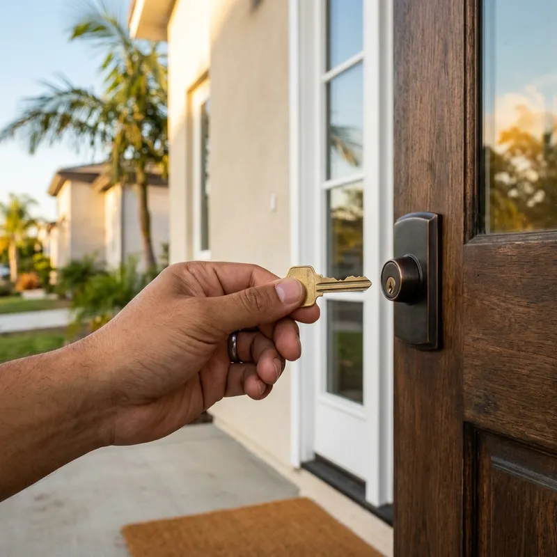 New homeowner holding key at front door of new construction home
