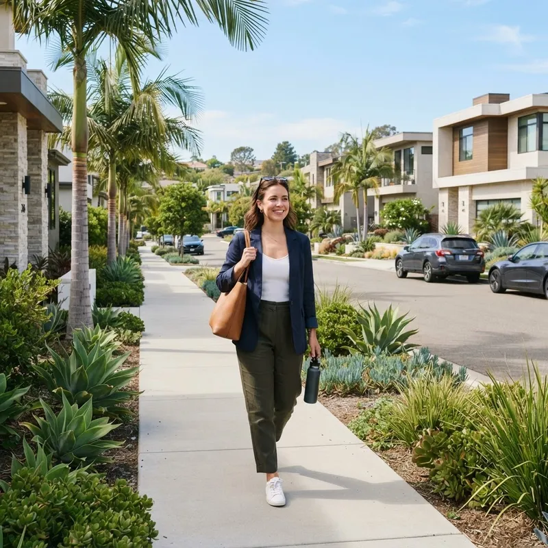 A person walking through a modern suburban community