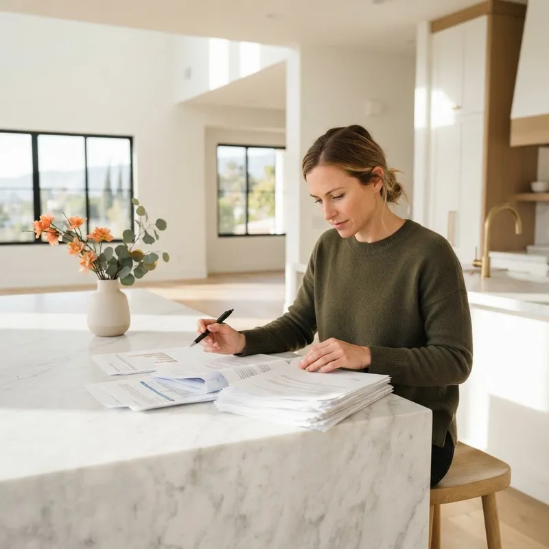 Person reviewing paperwork at a new home kitchen island