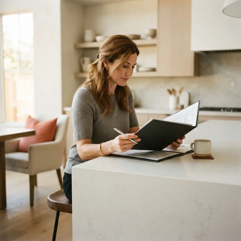 Person reviewing paperwork at a modern kitchen island