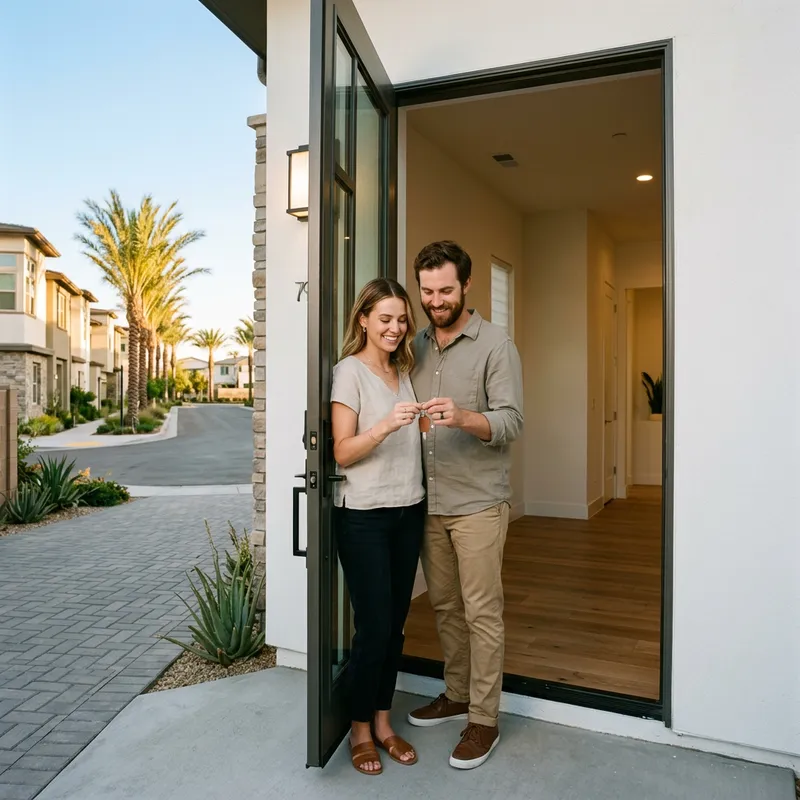 Couple holding key at entrance of new construction townhome