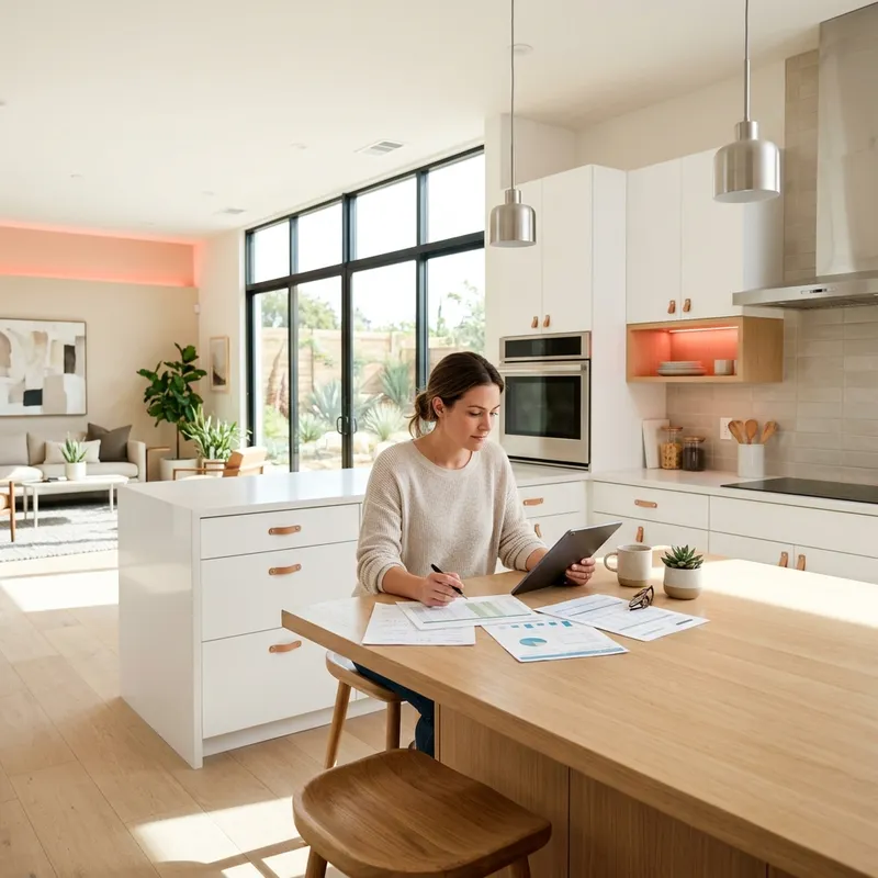First-time buyer reviewing loan programs at new home kitchen island