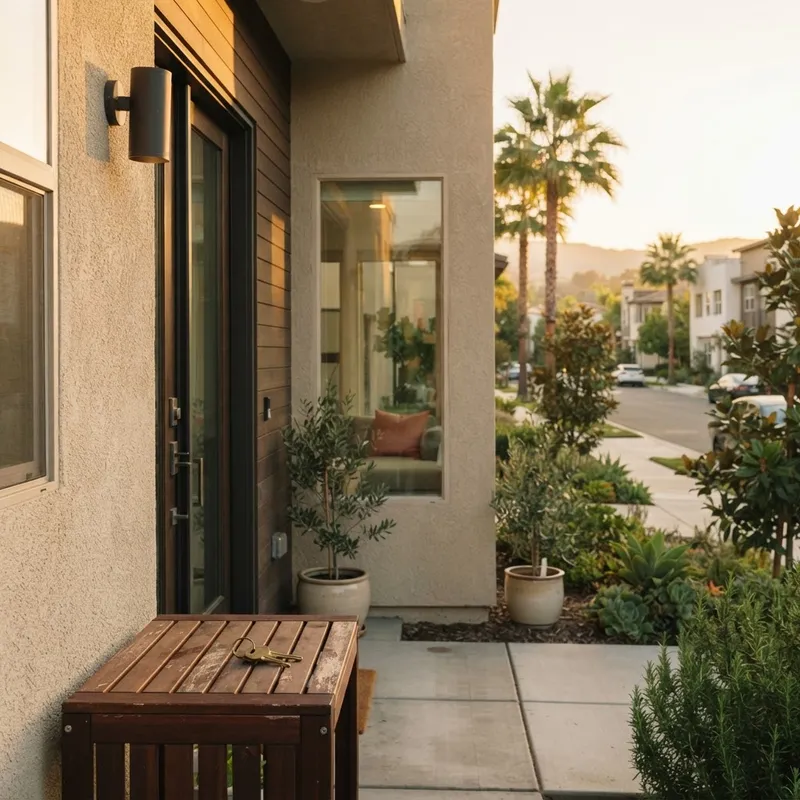 Keys resting on a doorstep at golden hour