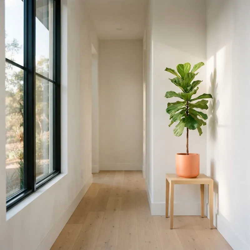 Minimalist interior with a coral pot and sunlight