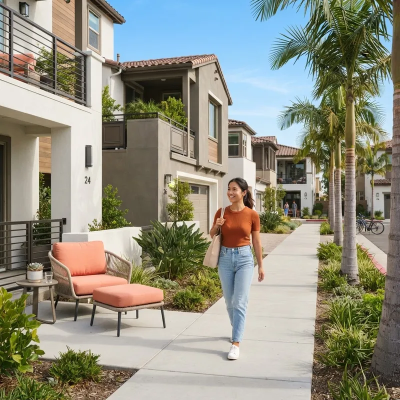 Person walking in a sunny Southern California neighborhood