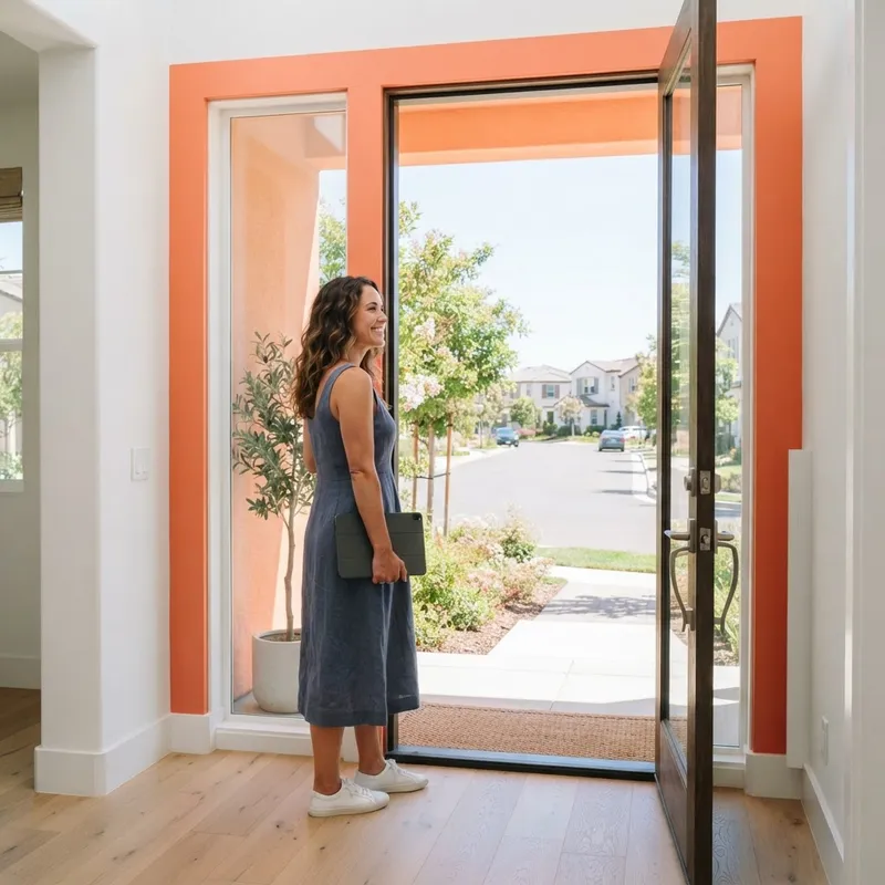 A homebuyer looking out from a new home doorway