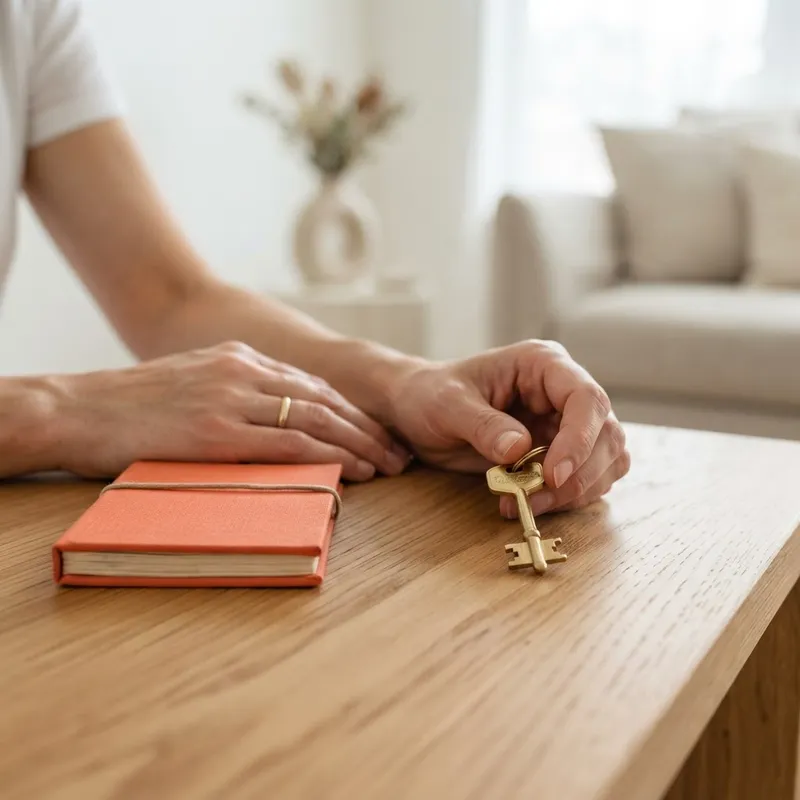 Close up of hands holding a house key on a table